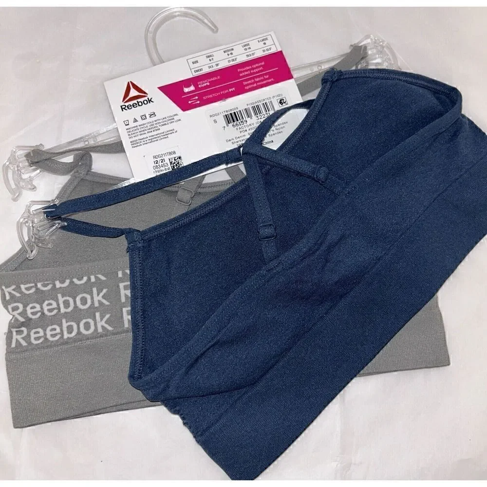 Reebok Girl's Seamless Bralettes Gray & Blue Small 6-7 Pack of 2 Lightly Padded